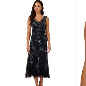 Adrianna Papell Black Dress with Blue Floral Accents